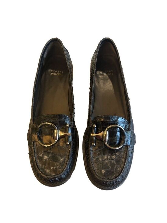Stuart Weitzman Shoes - STUART Weitzman 10 N black reptile texture leather loafers with decorative ring